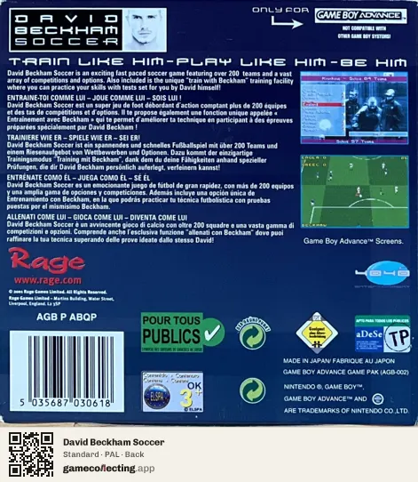David Beckham Soccer Game Boy Advance, PAL box back