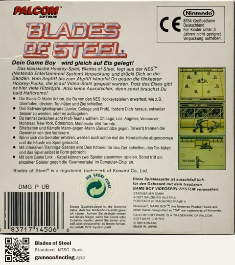 Blades of Steel Game Boy, NTSC box back