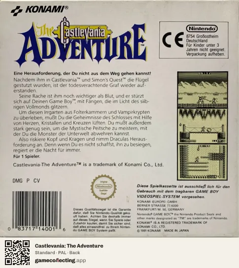 Castlevania: The Adventure Game Boy, PAL box back
