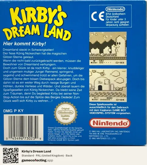 Kirby's Dream Land Game Boy, United Kingdom box back