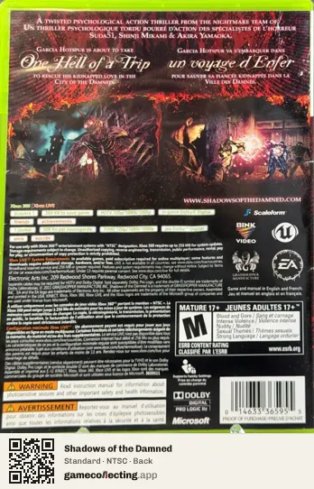 Shadows of the Damned Xbox 360, NTSC box back