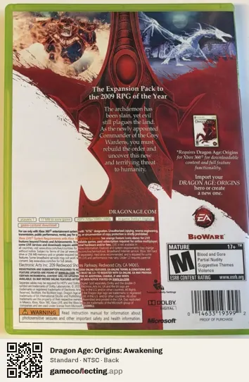 Dragon Age: Origins: Awakening Xbox 360, NTSC box back