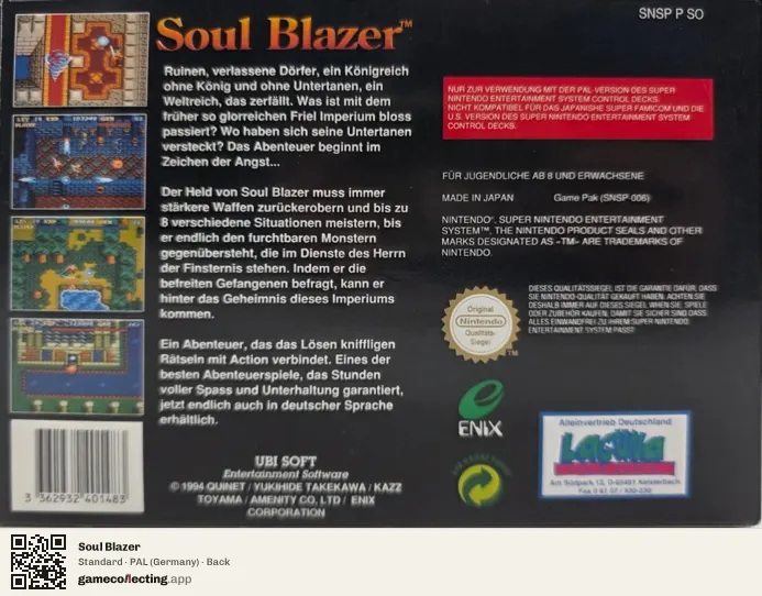 Soul Blazer Super Nintendo Entertainment System, Germany box back