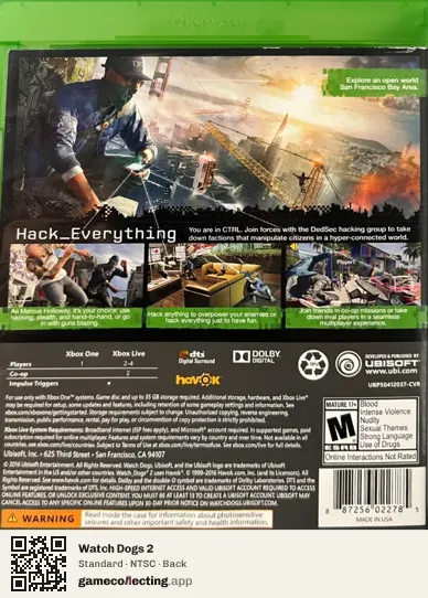 Watch Dogs 2 Xbox One, NTSC box back