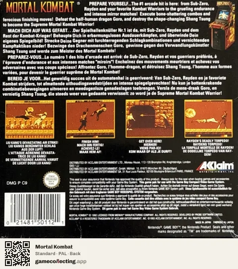 Mortal Kombat Game Boy, PAL box back