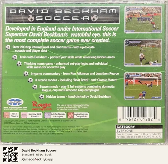 David Beckham Soccer PlayStation, NTSC box back