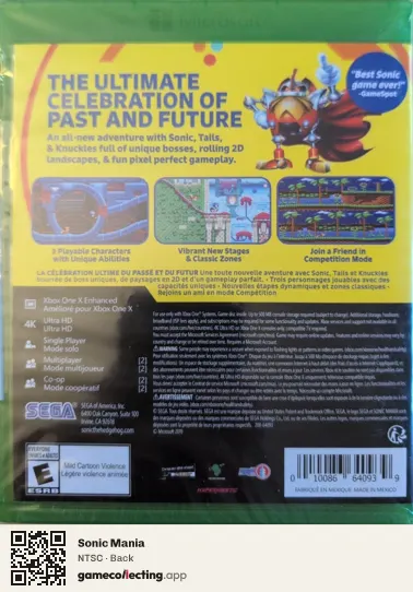 Sonic Mania Xbox One, NTSC box back