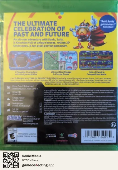 Sonic Mania Xbox One, NTSC box back