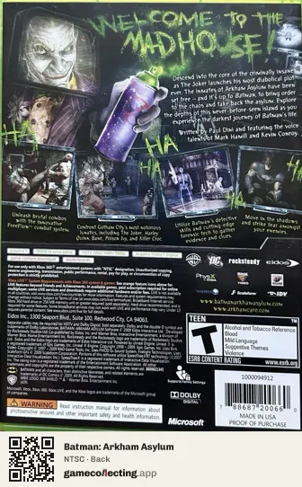 Batman: Arkham Asylum Xbox 360, NTSC box back