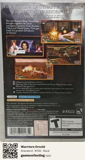 Warriors Orochi PlayStation Portable, NTSC box back