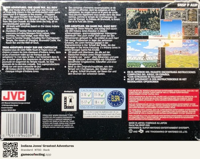 Indiana Jones' Greatest Adventures Super Nintendo Entertainment System, NTSC box back