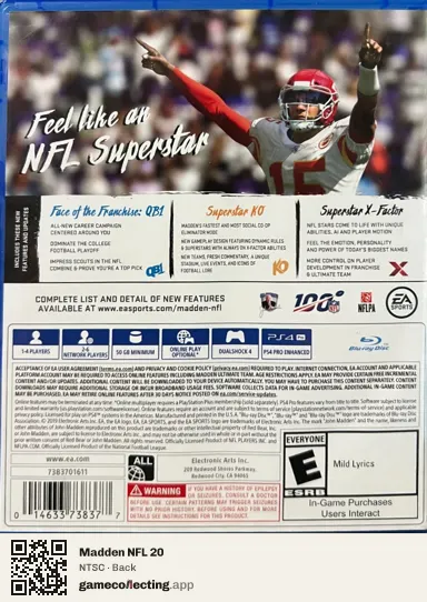 Madden NFL 20 PlayStation 4, NTSC box back