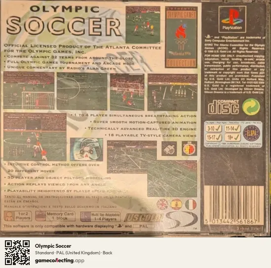 Olympic Soccer PlayStation, United Kingdom box back