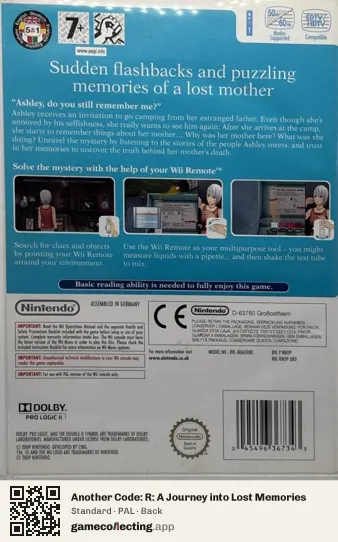 Another Code: R: A Journey into Lost Memories Nintendo Wii, PAL box back