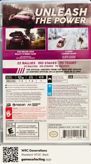 WRC Generations Nintendo Switch, NTSC box back