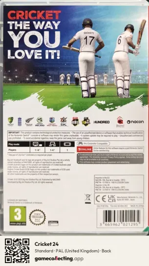 Cricket 24 Nintendo Switch, United Kingdom box back
