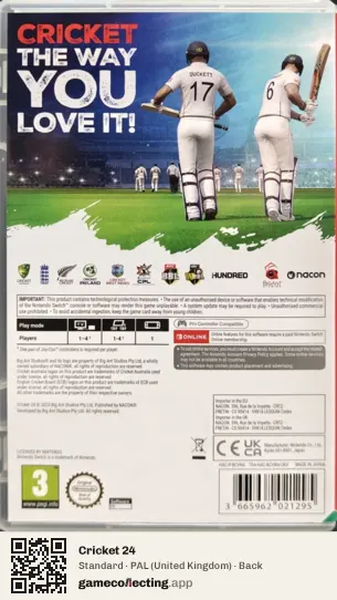 Cricket 24 Nintendo Switch, United Kingdom box back