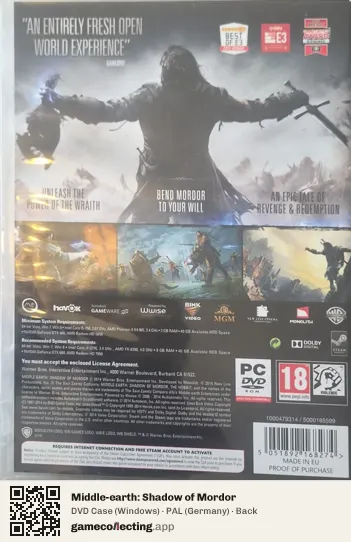 Middle-earth: Shadow of Mordor Computer, Germany box back