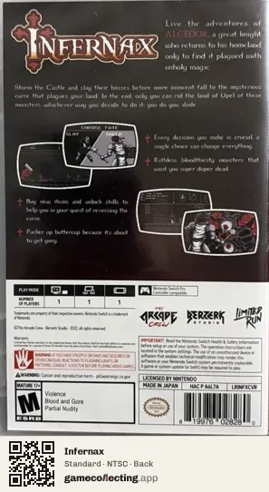 Infernax Nintendo Switch, NTSC box back