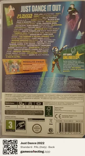 Just Dance 2022 Nintendo Switch, Italy box back