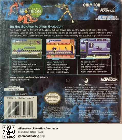 Alienators: Evolution Continues Game Boy Advance, NTSC box back