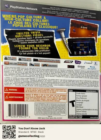 You Don't Know Jack PlayStation 3, NTSC box back