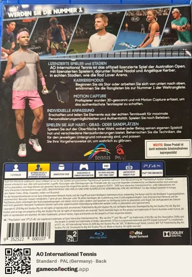 AO International Tennis PlayStation 4, Germany box back