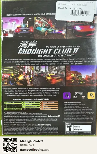 Midnight Club II Xbox, NTSC box back