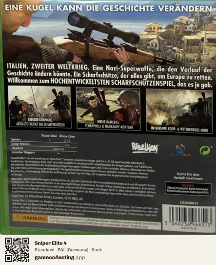 Sniper Elite 4 Xbox One, Germany box back