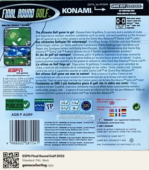 ESPN Final Round Golf 2002 Game Boy Advance, PAL box back