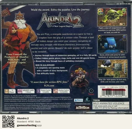 Alundra 2 PlayStation, NTSC box back