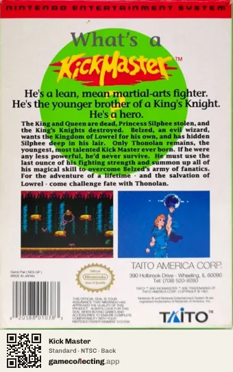 Kick Master Nintendo Entertainment System, NTSC box back