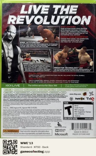 WWE '13 Xbox 360, NTSC box back