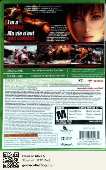 Dead or Alive 5 Xbox 360, NTSC box back