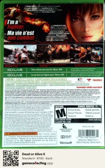 Dead or Alive 5 Xbox 360, NTSC box back