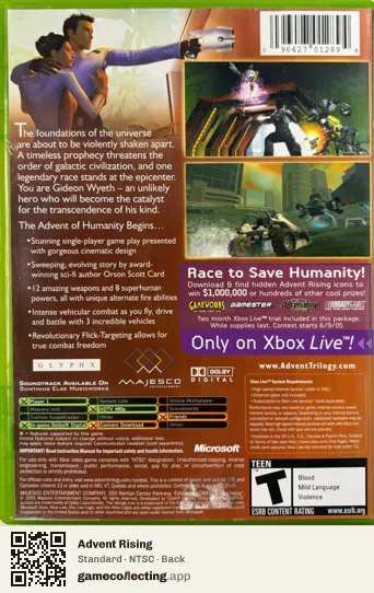 Advent Rising Xbox, NTSC box back