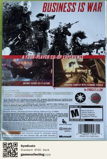 Syndicate Xbox 360, NTSC box back