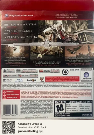 Assassin's Creed II PlayStation 3, NTSC box back