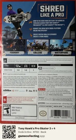 Tony Hawk's Pro Skater 3 + 4 Nintendo Switch 2, NTSC box back