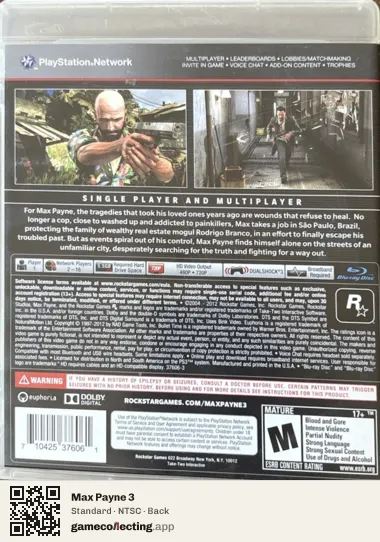 Max Payne 3 PlayStation 3, NTSC box back