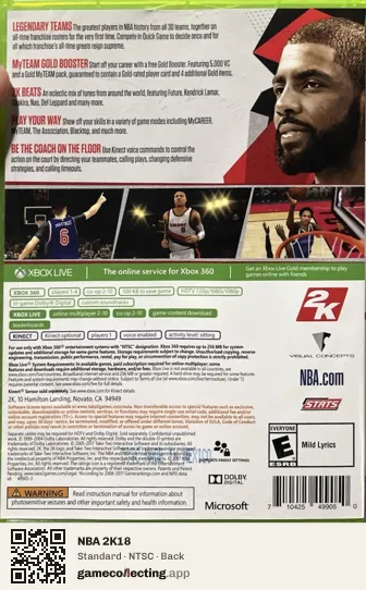NBA 2K18 Xbox 360, NTSC box back
