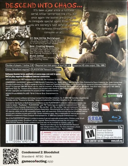 Condemned 2: Bloodshot PlayStation 3, NTSC box back
