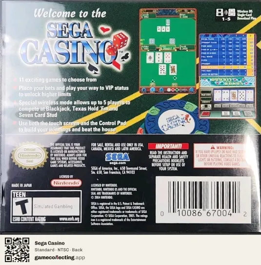 Sega Casino Nintendo DS, NTSC box back