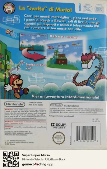 Super Paper Mario Nintendo Wii, Italy box back