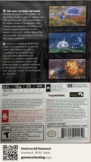 Destroy All Humans! Nintendo Switch, NTSC box back
