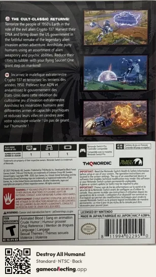 Destroy All Humans! Nintendo Switch, NTSC box back