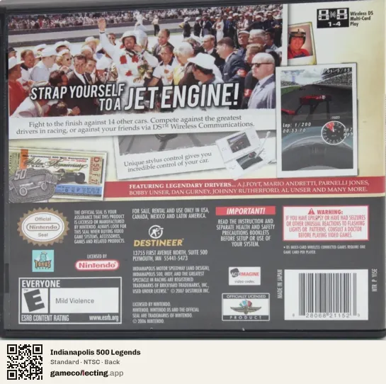 Indianapolis 500 Legends Nintendo DS, NTSC box back