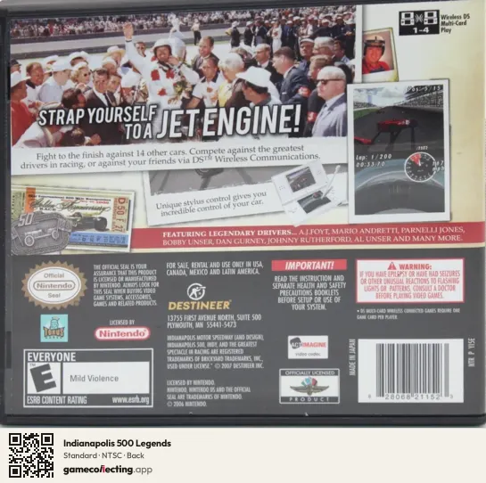 Indianapolis 500 Legends Nintendo DS, NTSC box back