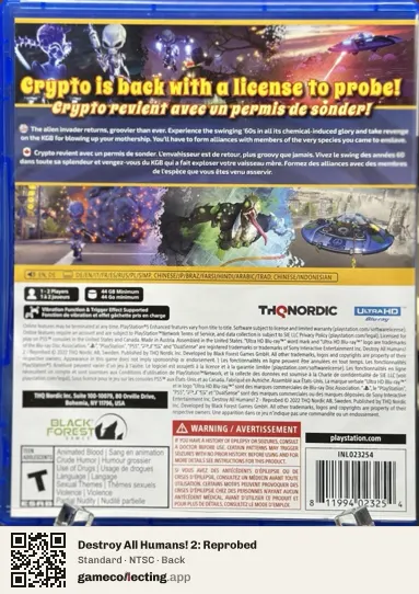 Destroy All Humans! 2: Reprobed PlayStation 5, NTSC box back