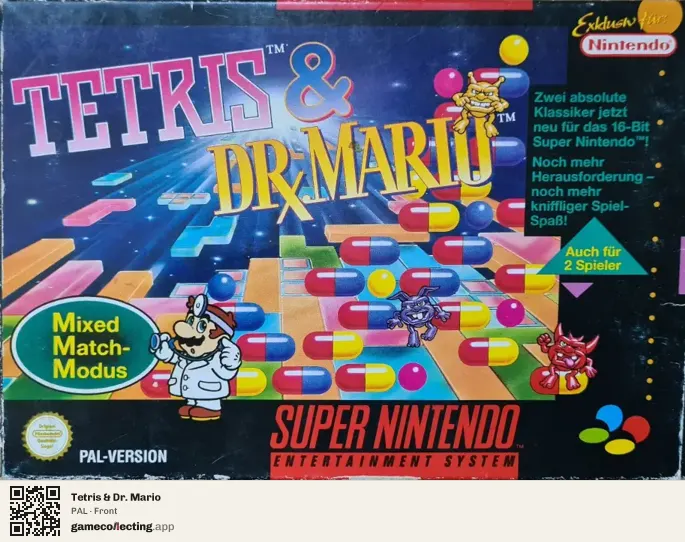Tetris & Dr. Mario Super Nintendo Entertainment System, PAL box front